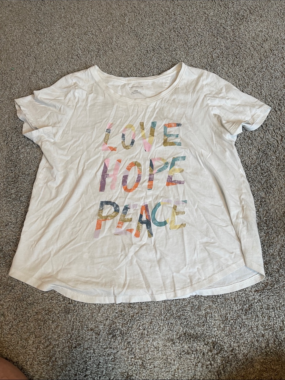 Anthropologie White Tee with Multicolor 'LOVE HOPE PEACE' Graphic